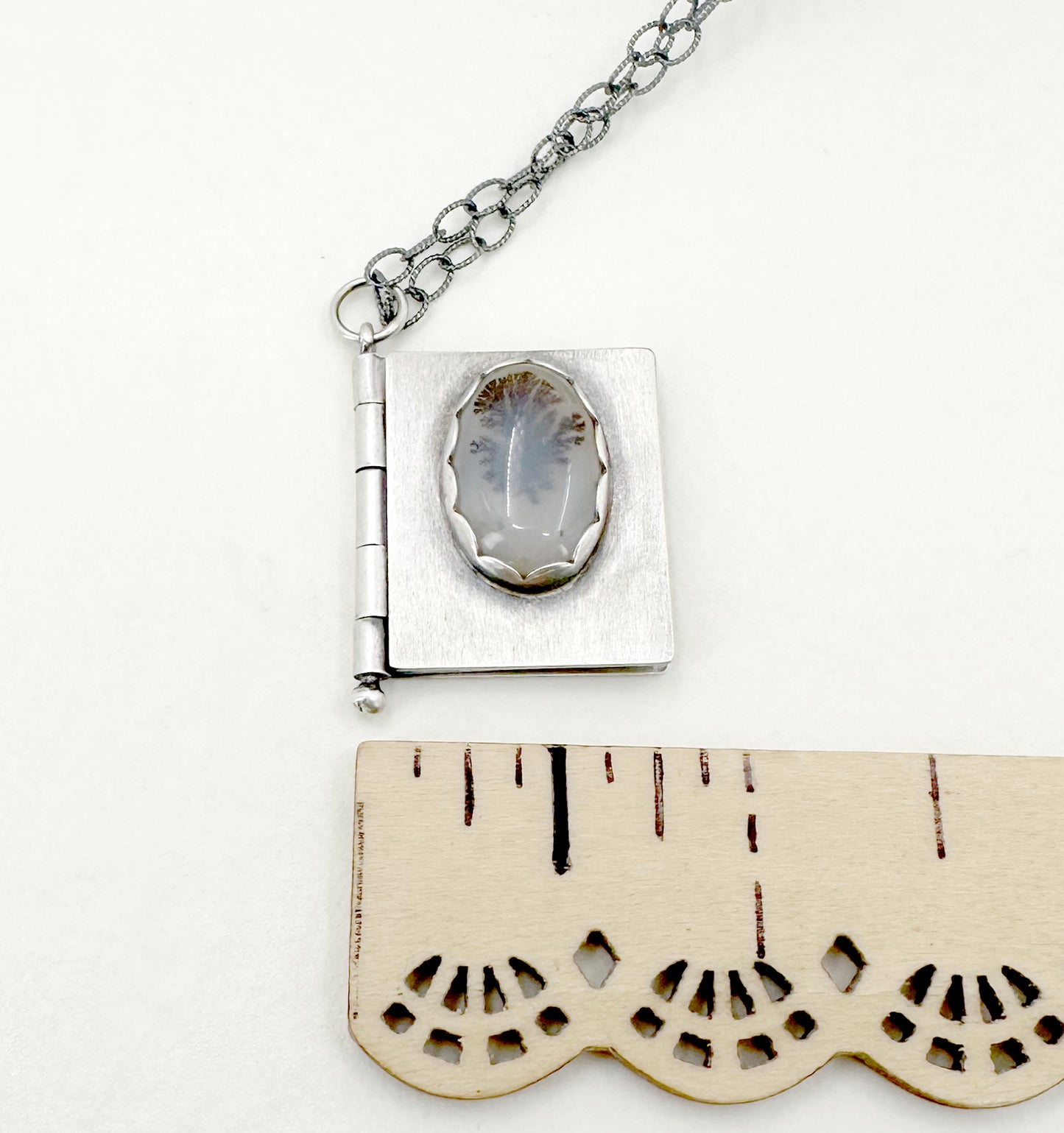 "I want to unfold" Sterling Book Locket with Dendritic Agate