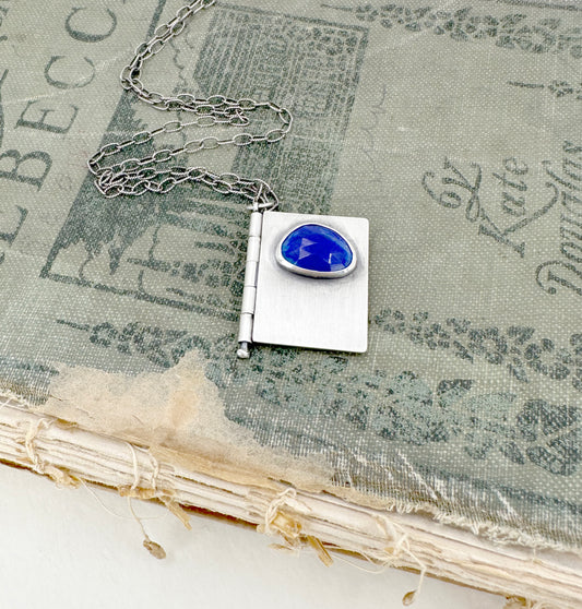 Sterling Silver book with Mary Oliver Poem and Faceted Lapis