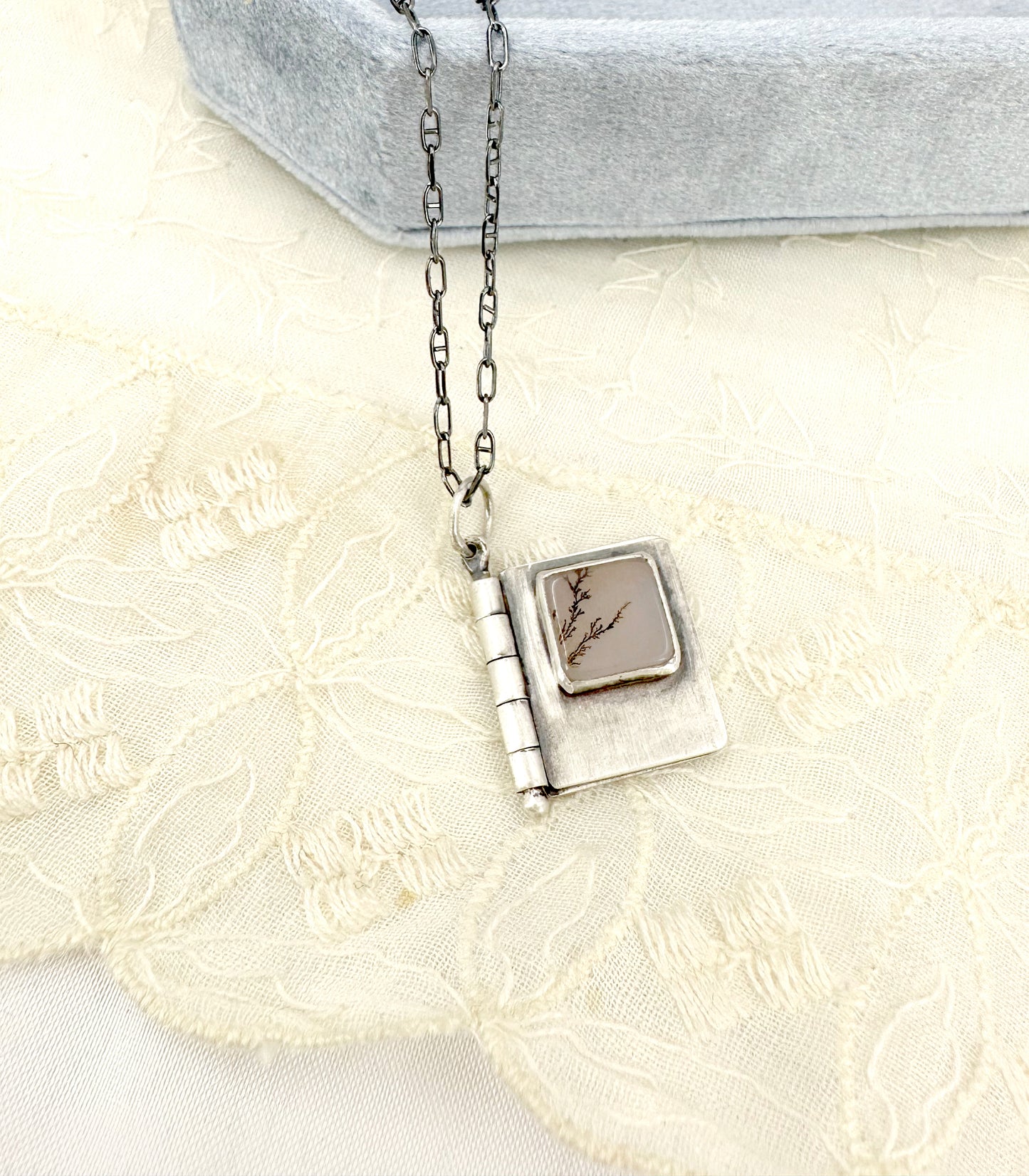 All Shall Be Well Sterling Book Locket with Dendritic Agate