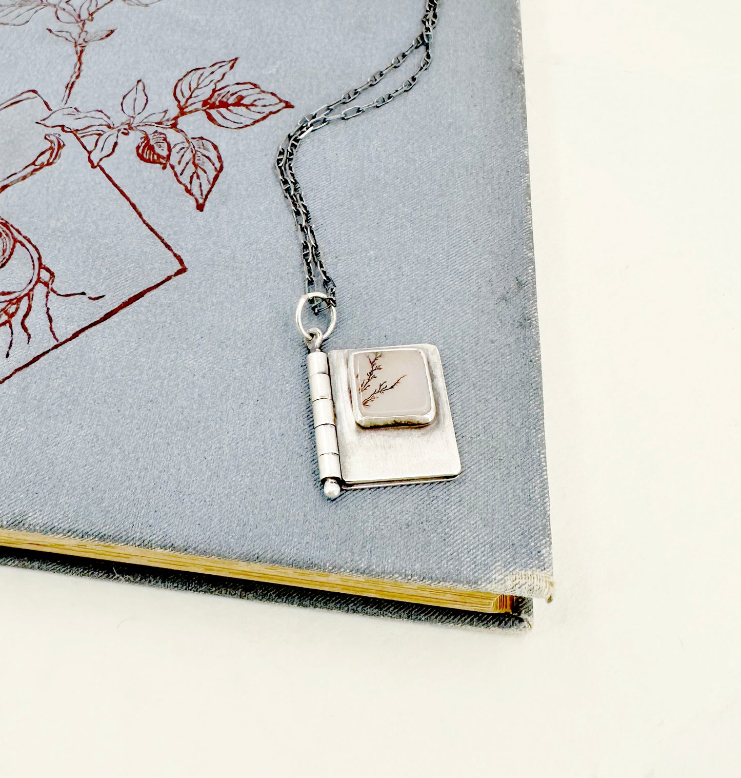 All Shall Be Well Sterling Book Locket with Dendritic Agate