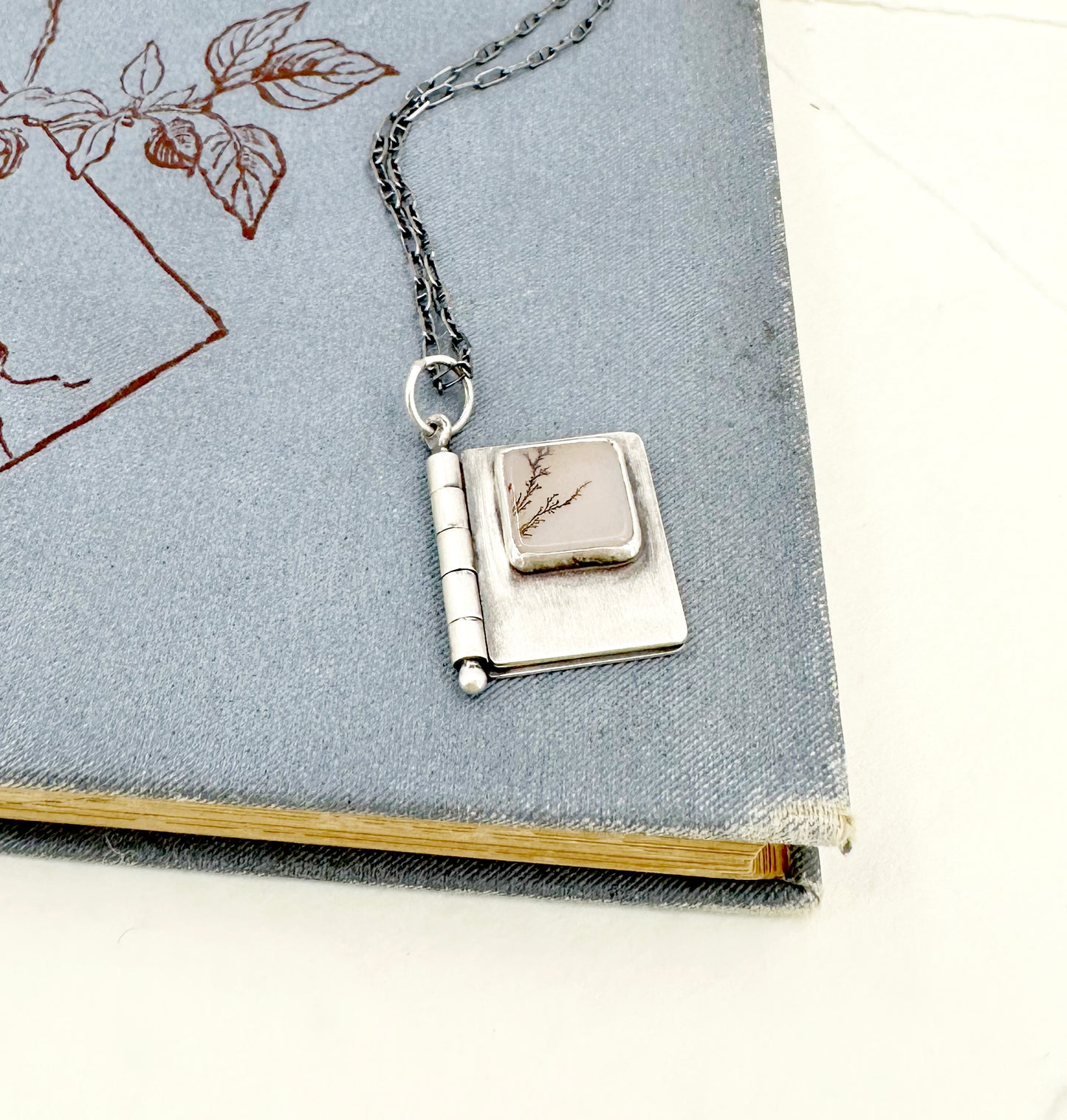 All Shall Be Well Sterling Book Locket with Dendritic Agate