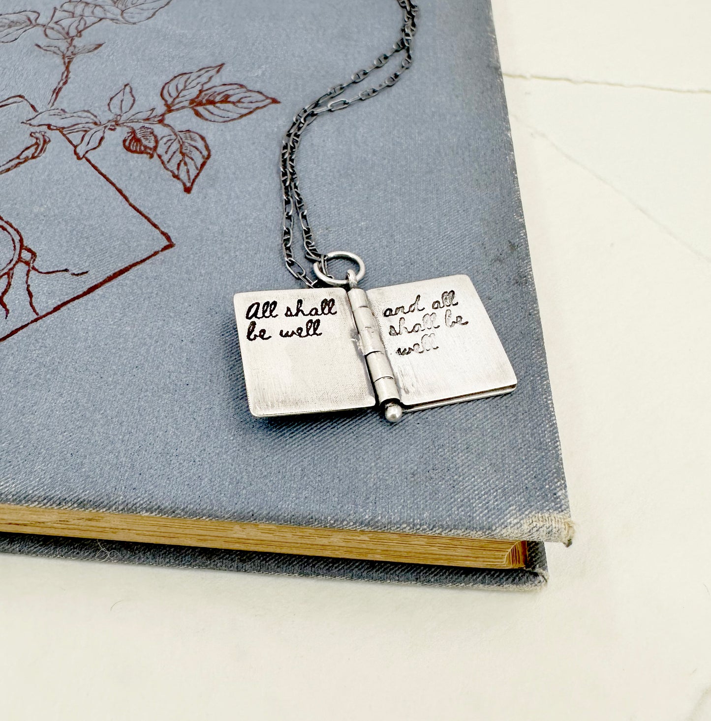 All Shall Be Well Sterling Book Locket with Dendritic Agate