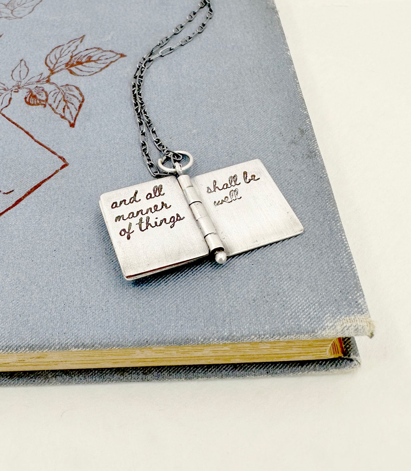 All Shall Be Well Sterling Book Locket with Dendritic Agate