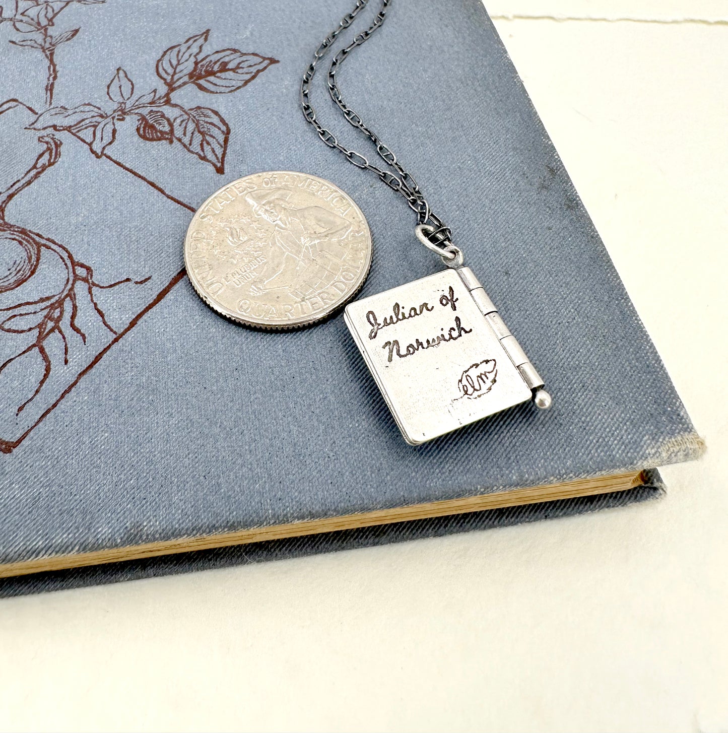 All Shall Be Well Sterling Book Locket with Dendritic Agate