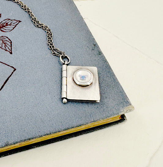 All Shall Be Well Sterling Book Locket with Tiny Blue Butterfly