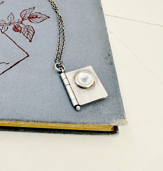 All Shall Be Well Sterling Book Locket with Tiny Blue Butterfly