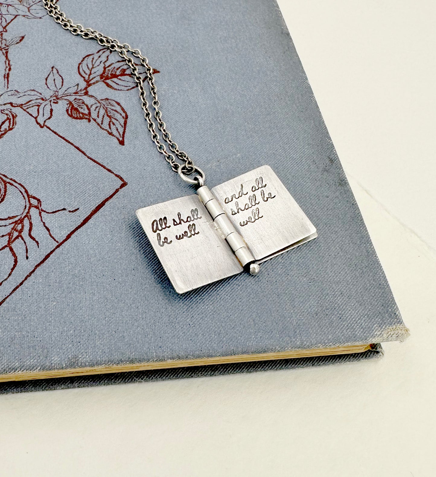 All Shall Be Well Sterling Book Locket with Tiny Blue Butterfly