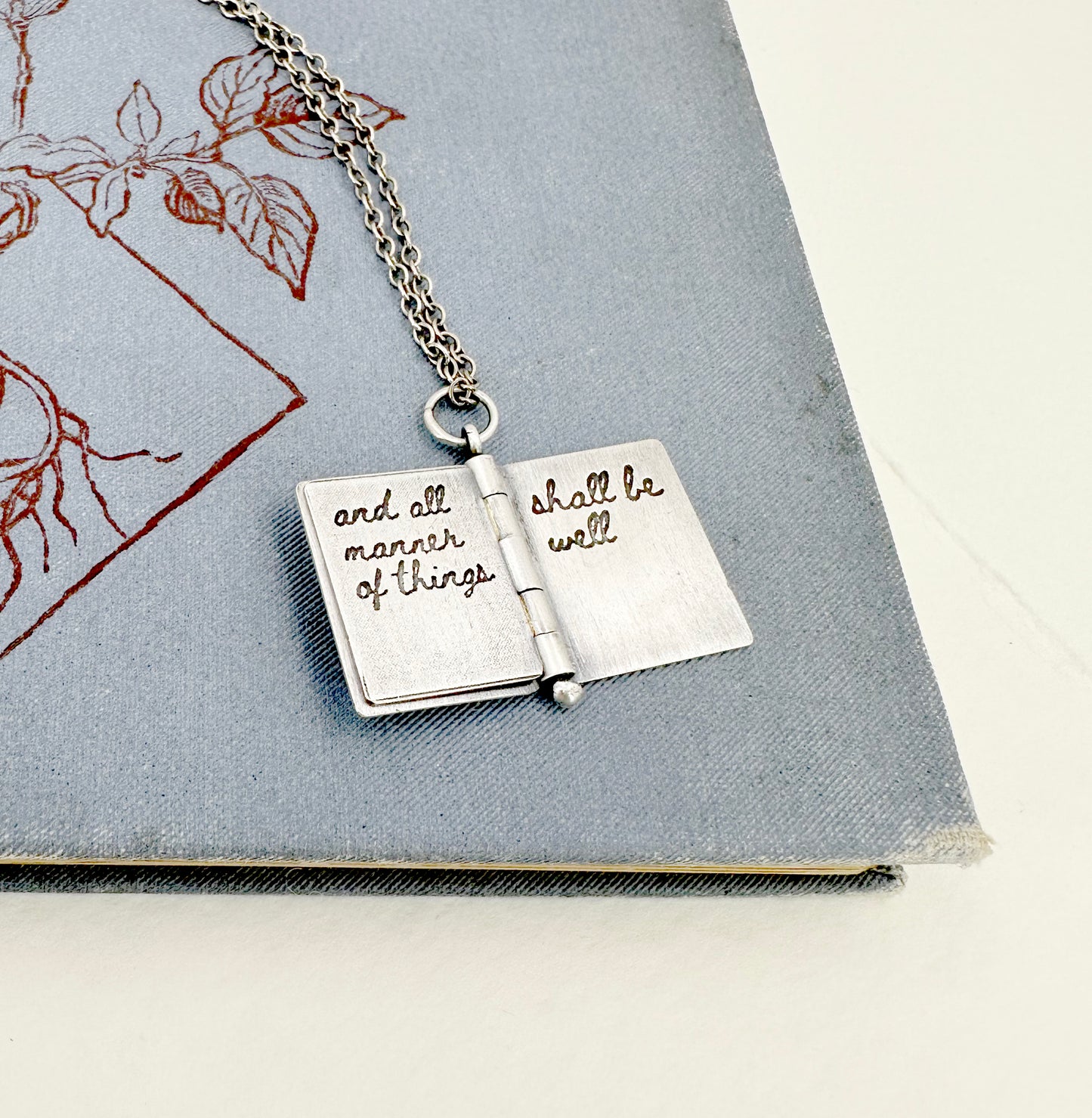 All Shall Be Well Sterling Book Locket with Tiny Blue Butterfly