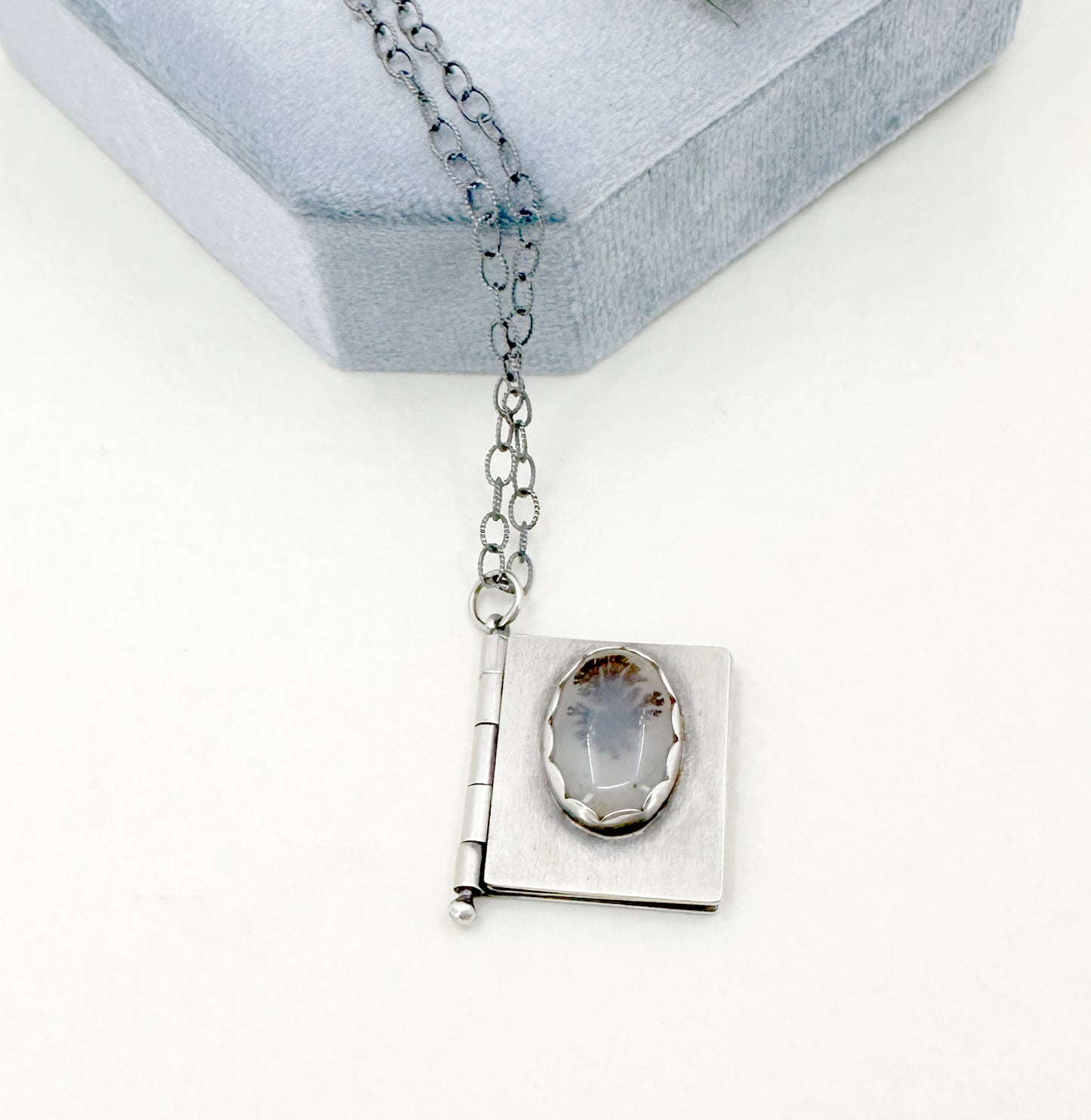 "I want to unfold" Sterling Book Locket with Dendritic Agate