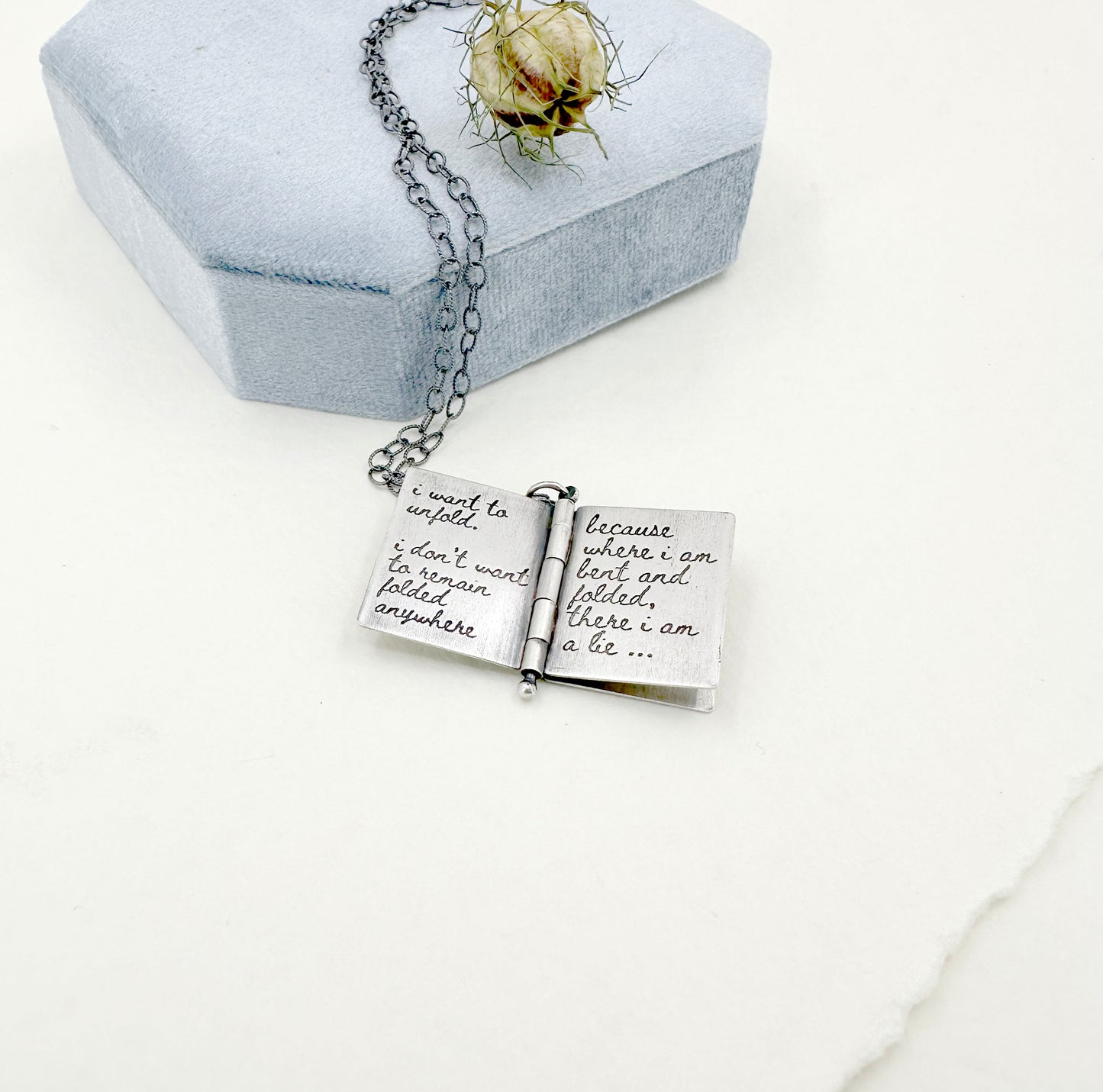 "I want to unfold" Sterling Book Locket with Dendritic Agate