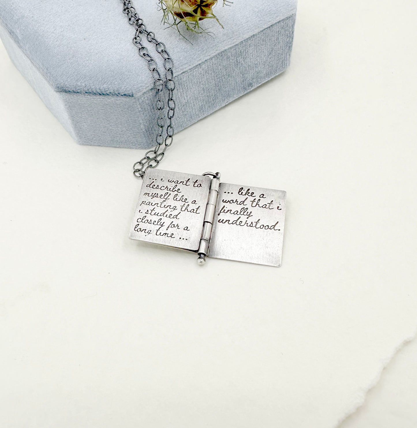 "I want to unfold" Sterling Book Locket with Dendritic Agate