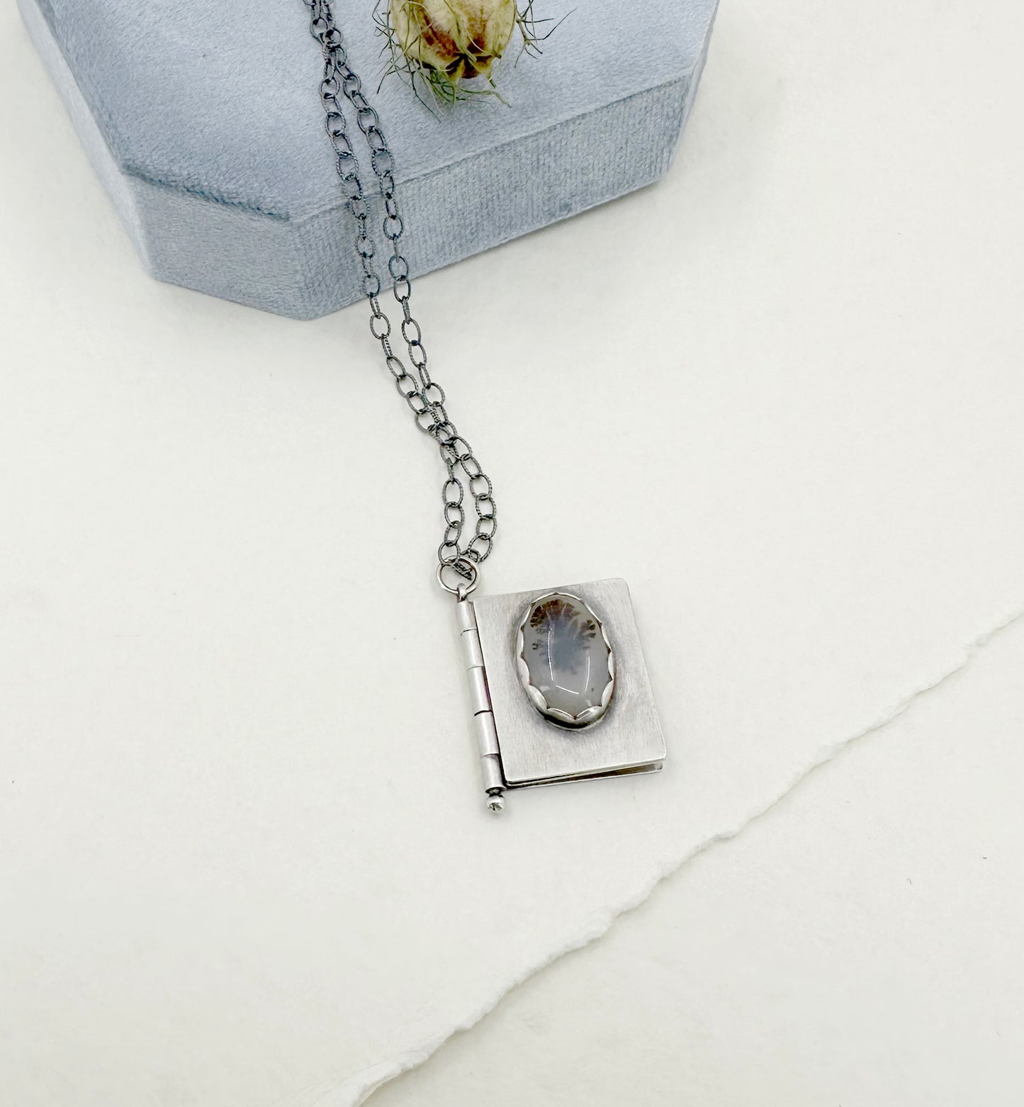 "I want to unfold" Sterling Book Locket with Dendritic Agate