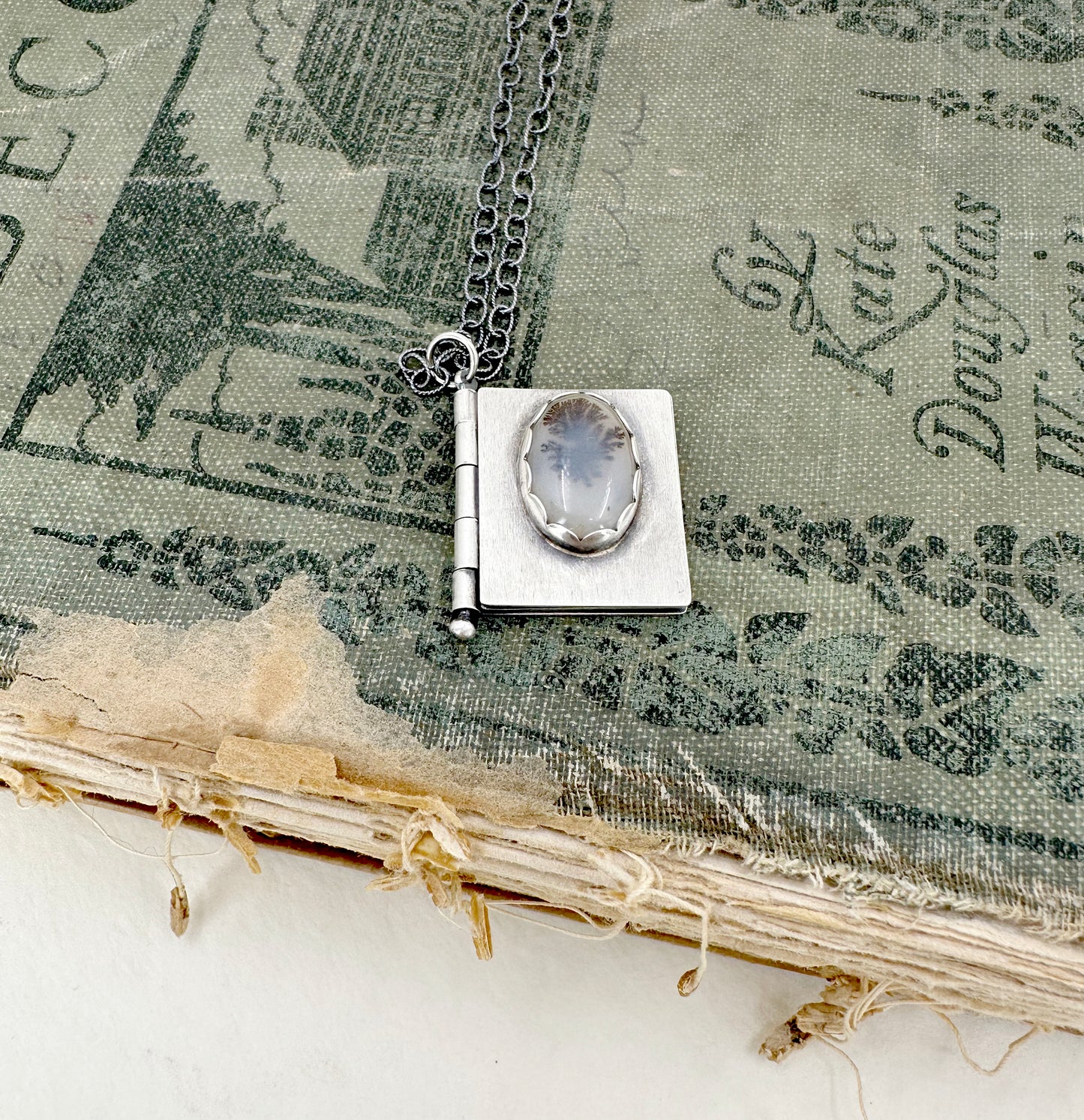 "I want to unfold" Sterling Book Locket with Dendritic Agate