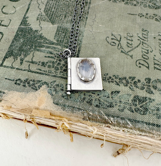 "I want to unfold" Sterling Book Locket with Dendritic Agate