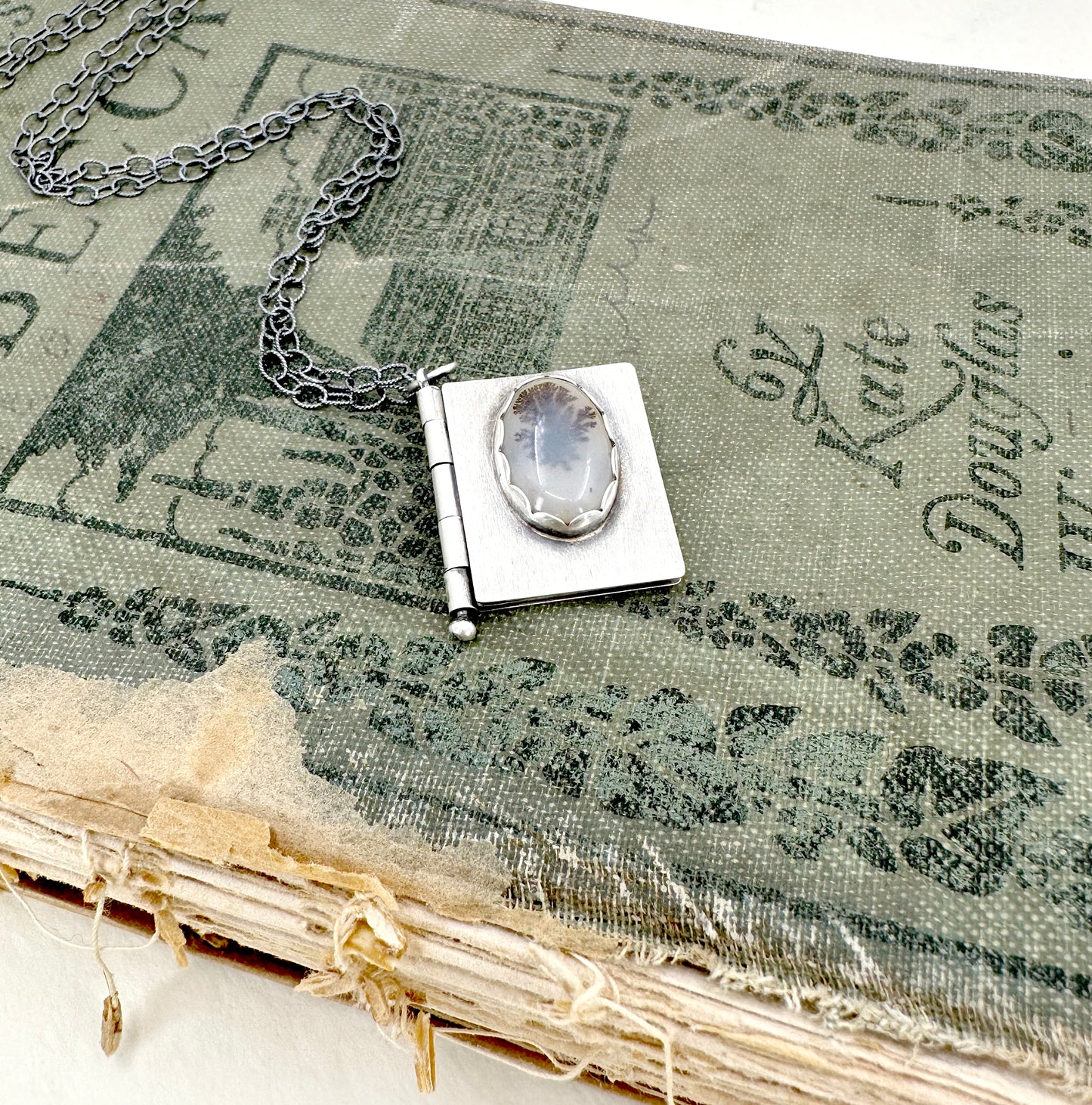 "I want to unfold" Sterling Book Locket with Dendritic Agate