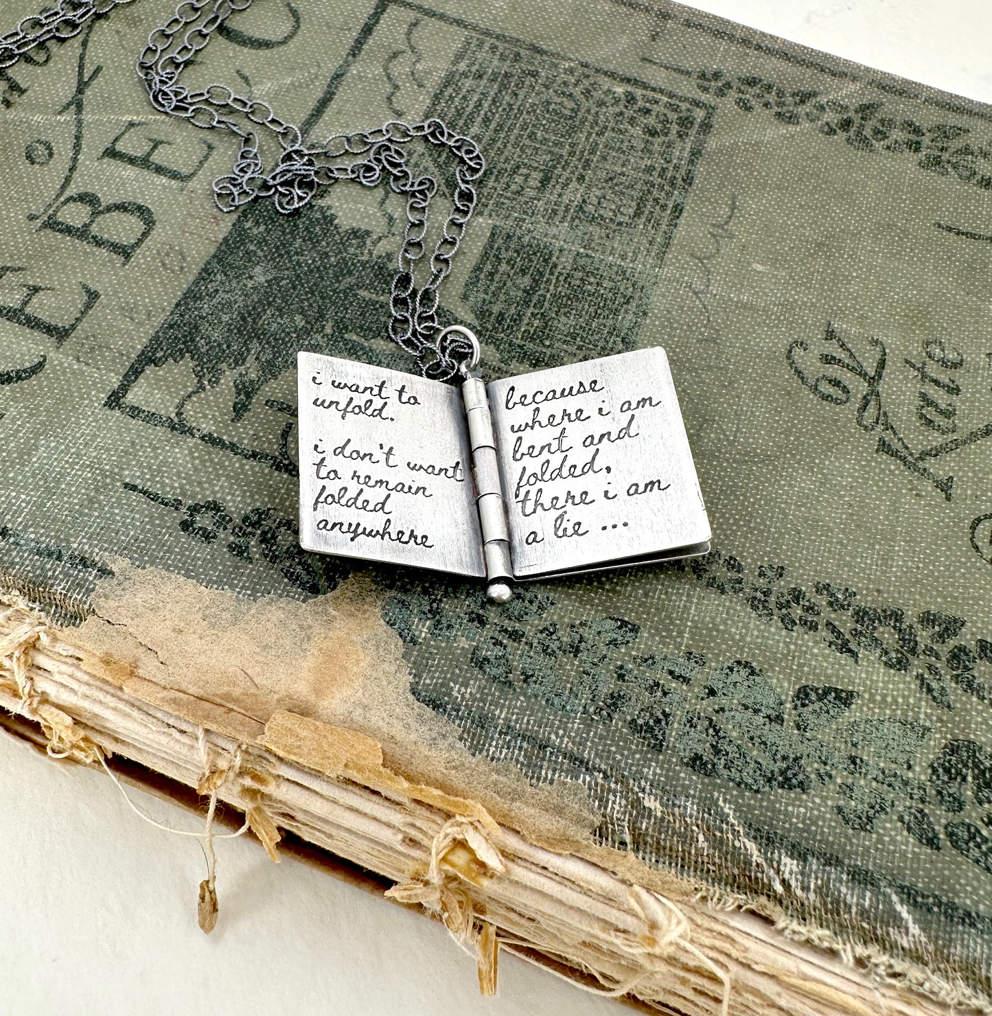 "I want to unfold" Sterling Book Locket with Dendritic Agate