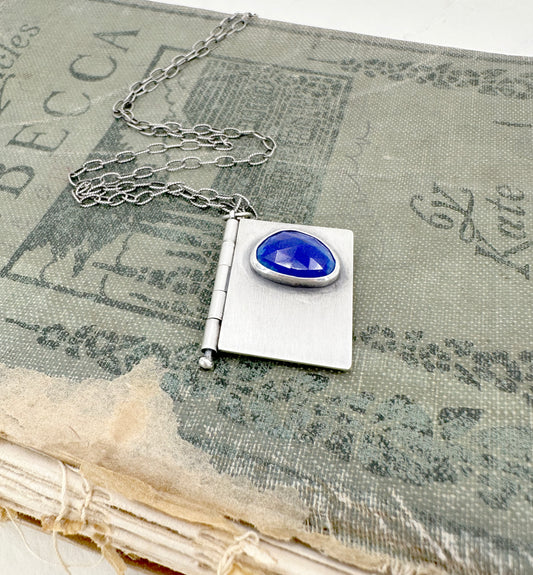 Sterling Silver book with Mary Oliver Poem and Faceted Lapis