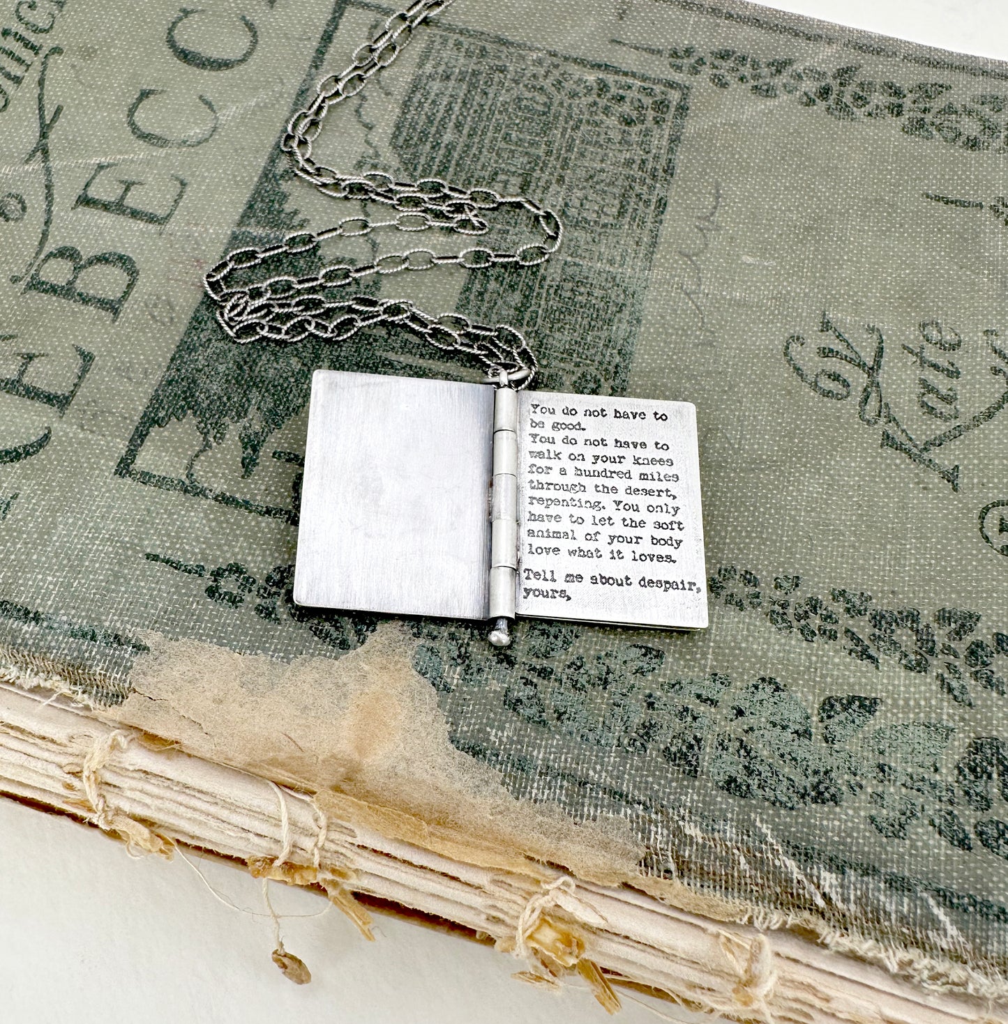 Sterling Silver book with Mary Oliver Poem and Faceted Lapis