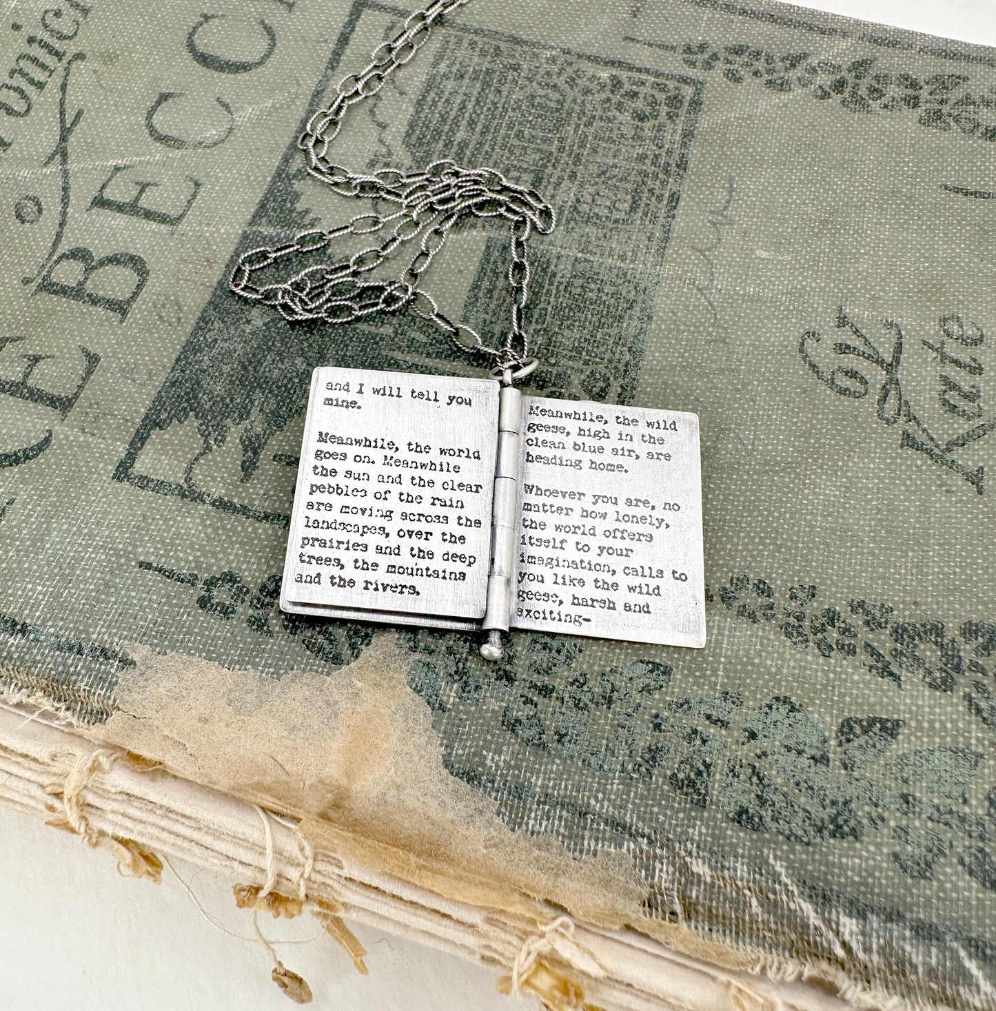 Sterling Silver book with Mary Oliver Poem and Faceted Lapis
