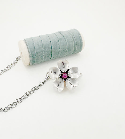 I am a burden on my own heart Sterling Silver Rilke Flower with Ruby