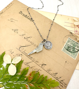 "Charmed, I'm sure" Fine Silver Wax Seal Charm and Mother of Pearl Bird
