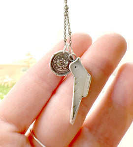"Charmed, I'm sure" Fine Silver Wax Seal Charm and Mother of Pearl Bird