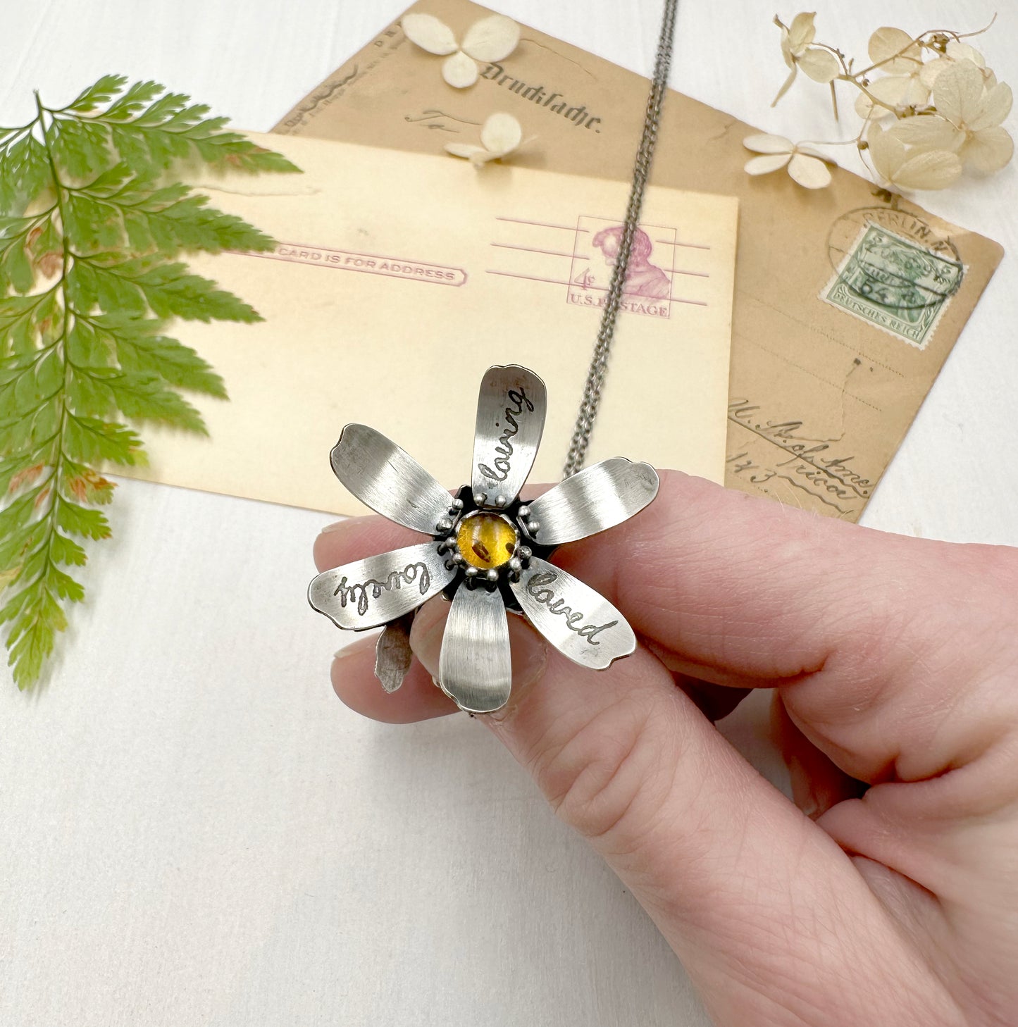 Kinetic Sterling Silver Flower with Amber,  "Loving, Lovely, Loved"