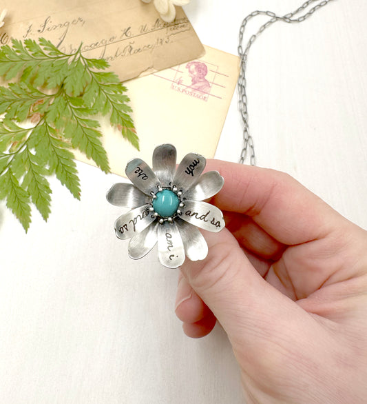 Kinetic Sterling Silver and Turquoise Flower "The world is still spinning..."