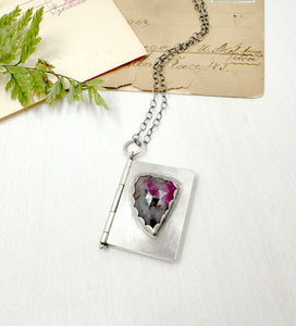 "I carry your heart with me" Sterling Silver Book of e.e. cummings poetry with Ruby in Fuchsite