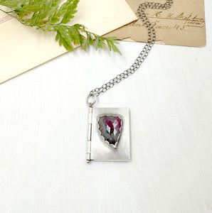 "I carry your heart with me" Sterling Silver Book of e.e. cummings poetry with Ruby in Fuchsite