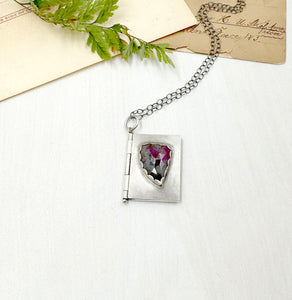 "I carry your heart with me" Sterling Silver Book of e.e. cummings poetry with Ruby in Fuchsite