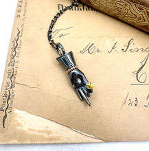Load image into Gallery viewer, Oxidized Sterling Silver and 14k Gold Offering Hand Pendant with 22k Gold flower