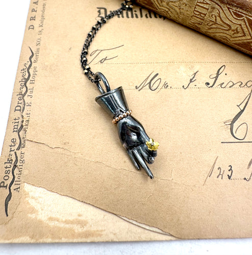 Oxidized Sterling Silver and 14k Gold Offering Hand Pendant with 22k Gold flower