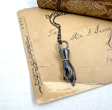 Load image into Gallery viewer, Oxidized Sterling Silver and 14k Gold Offering Hand Pendant with 22k Gold flower