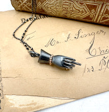 Load image into Gallery viewer, Oxidized Sterling Silver and 14k Gold Offering Hand Pendant with 22k Gold flower
