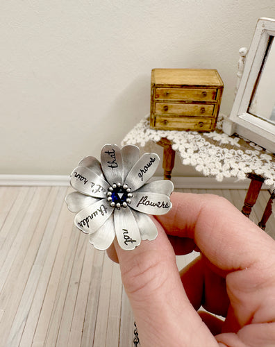 Kinetic Sterling Silver and Sapphire Flower “Raise your words, not your voice…” Rumi quote