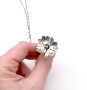 Small "Don't try to pull open the flowers..." Sterling and Amethyst Kinetic Flower
