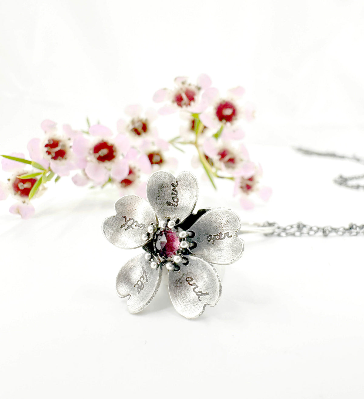 I Open and Fill with Love- Sterling Silver Kinetic Flower with Pink Tourmaline