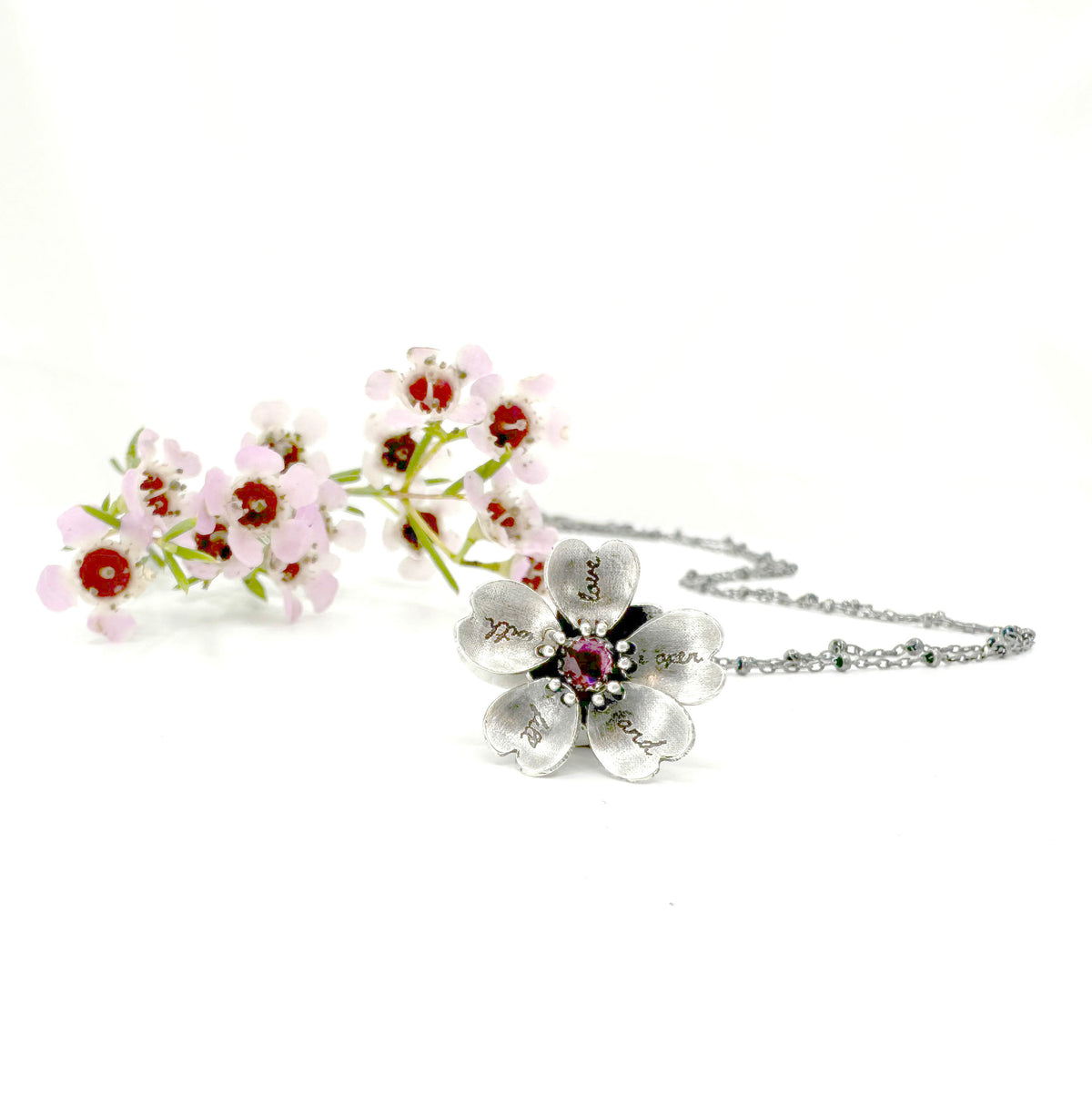 I Open and Fill with Love- Sterling Silver Kinetic Flower with Pink Tourmaline