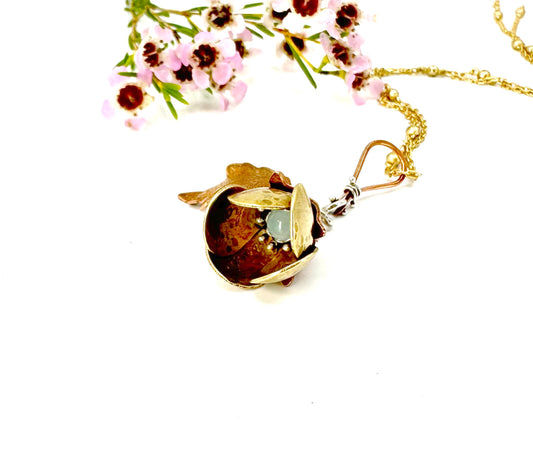 "Where Flowers Bloom" Jewelers Brass, Sterling and Aquamarine Kinetic Flower