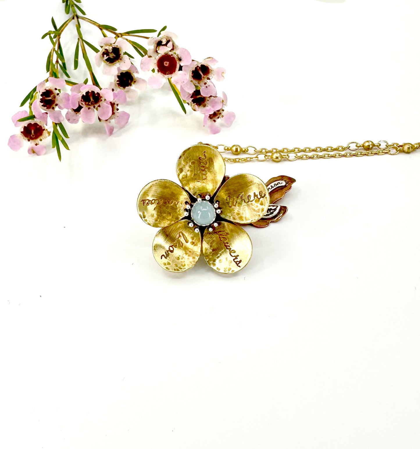 "Where Flowers Bloom" Jewelers Brass, Sterling and Aquamarine Kinetic Flower