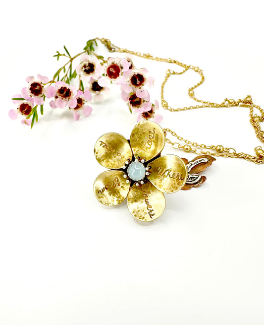 "Where Flowers Bloom" Jewelers Brass, Sterling and Aquamarine Kinetic Flower