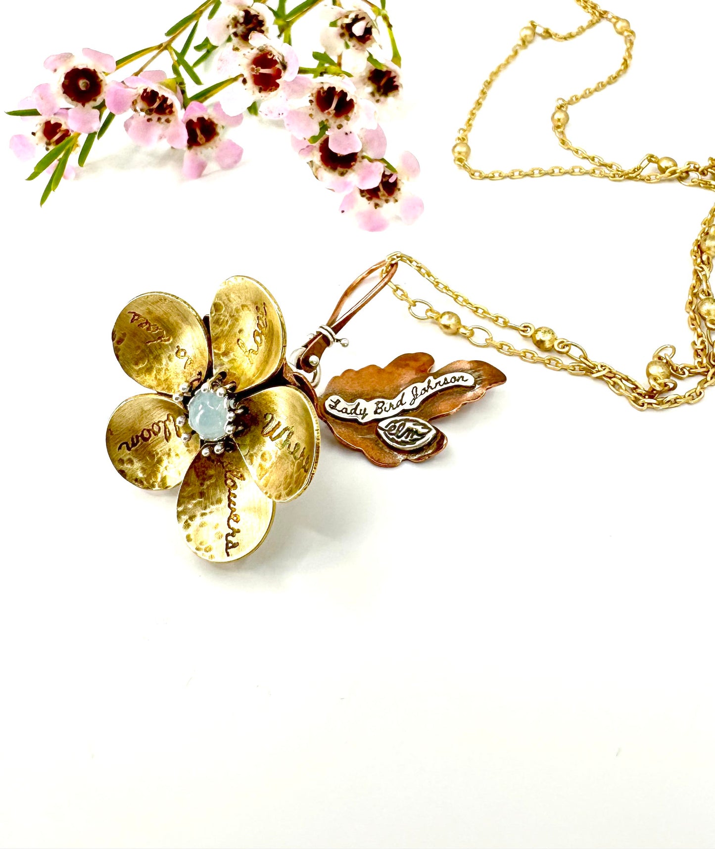 "Where Flowers Bloom" Jewelers Brass, Sterling and Aquamarine Kinetic Flower