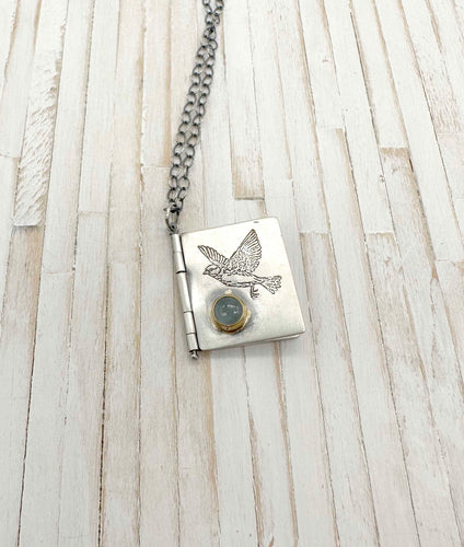 Sterling Silver Book with Rumi poem and Aquamarine set in 22k Gold (3 pages)