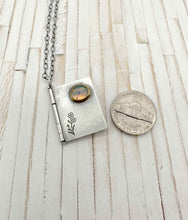 Load image into Gallery viewer, Sterling Silver Book with Our Town quote and Opal set in 22k Gold (3 pages)