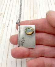 Load image into Gallery viewer, Sterling Silver Book with Our Town quote and Opal set in 22k Gold (3 pages)