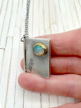 Load image into Gallery viewer, Sterling Silver Book with Our Town quote and Opal set in 22k Gold (3 pages)