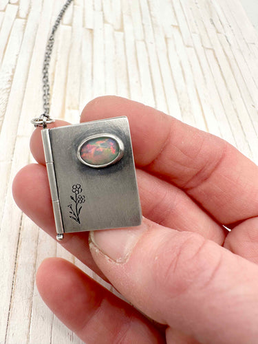 Sterling Silver Book with Our Town quote and Opal (two pages)