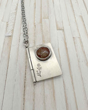 Load image into Gallery viewer, Sterling Silver Book with Our Town quote and Sunstone (one page)