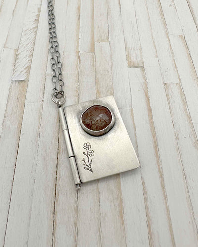 Sterling Silver Book with Our Town quote and Sunstone (one page)